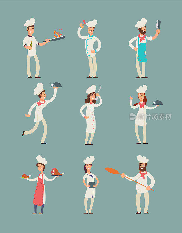 Smiling restaurant chefs, professional cooks in kitchen uniform vector cartoon characters set